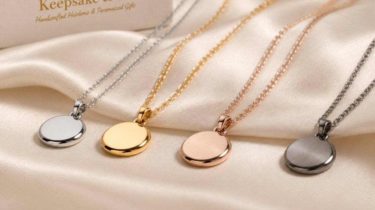 Close-up of various custom necklaces displaying different metal finishes, polished stainless steel with cool silver tone, warm 18K gold, rose gold, and brushed titanium, arranged on soft cream fabric showing texture and reflective qualities