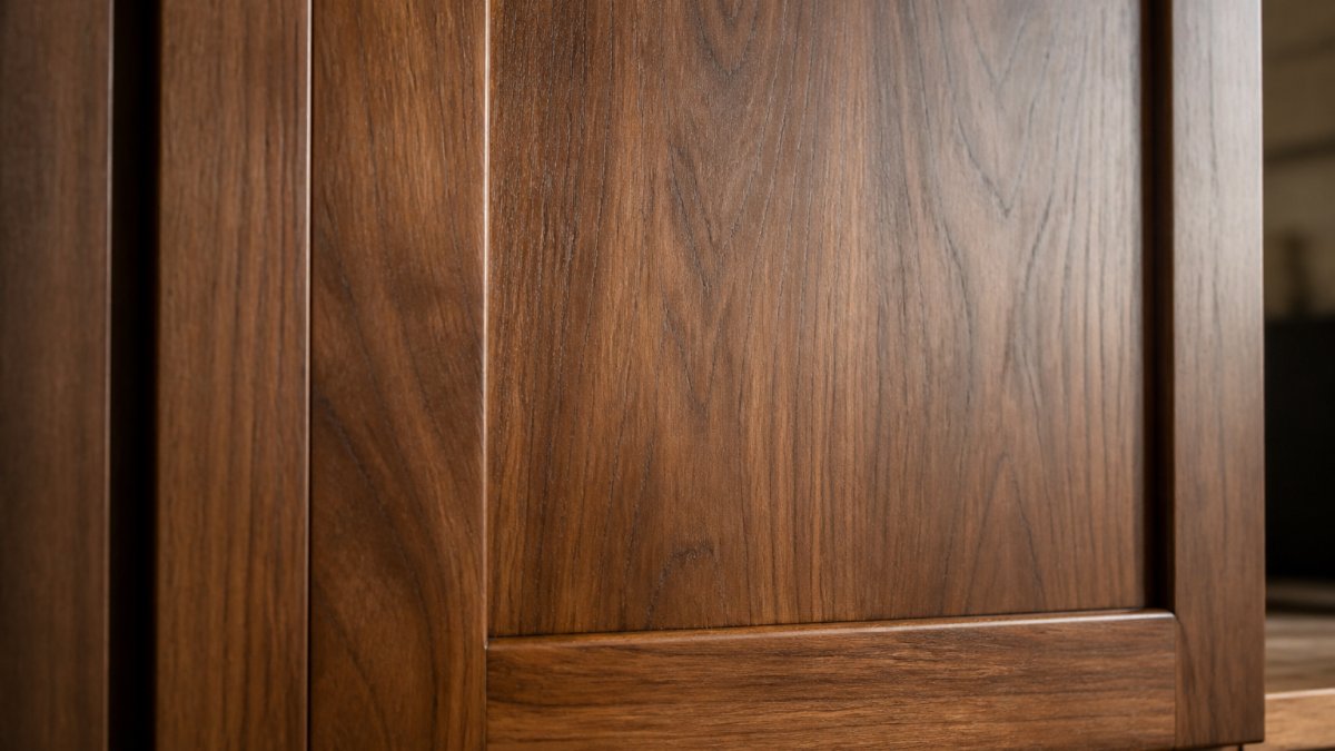 Close-up of a wooden office cabinet door showing natural grain patterns and warm wood tones in solid hardwood construction