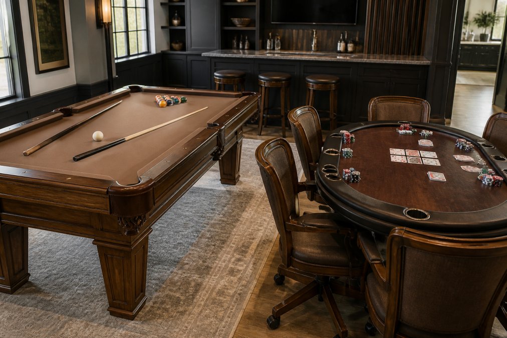 Infographic comparing durability and construction of solid wood versus veneer game room furniture