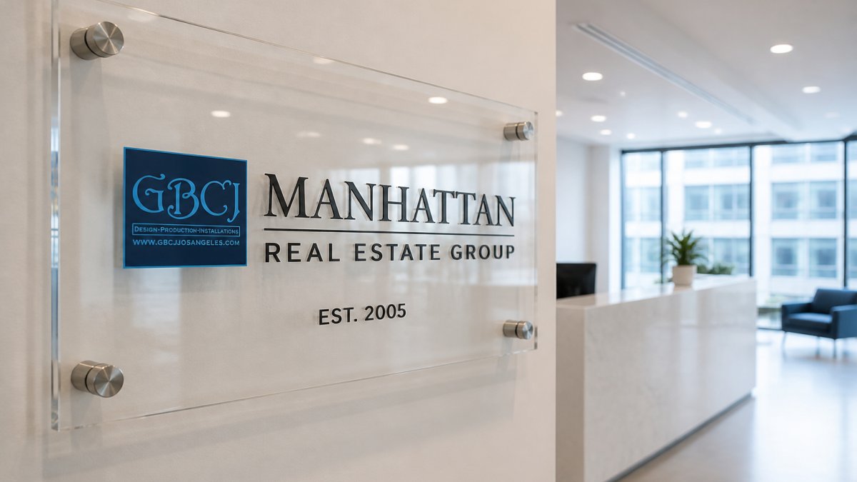 A close-up photograph of a clear acrylic wall-mounted office sign with brushed metal standoffs in a bright modern reception area, showing crisp lettering and reflections