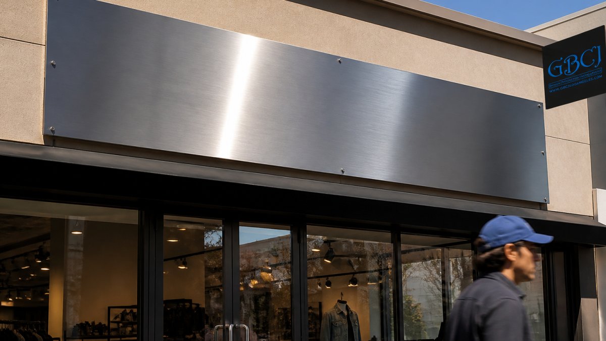 A close-up of a brushed aluminum storefront sign mounted above a retail entrance, with sunlight reflecting off the metal surface and a pedestrian walking past