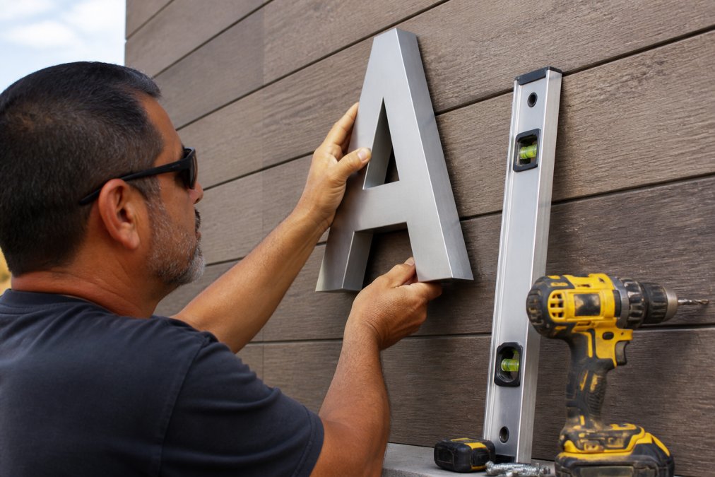 A close-up of a professional sign fabricator's hands installing a brushed aluminum dimensional letter onto a storefront wall, with a spirit level and cordless drill visible in the foreground