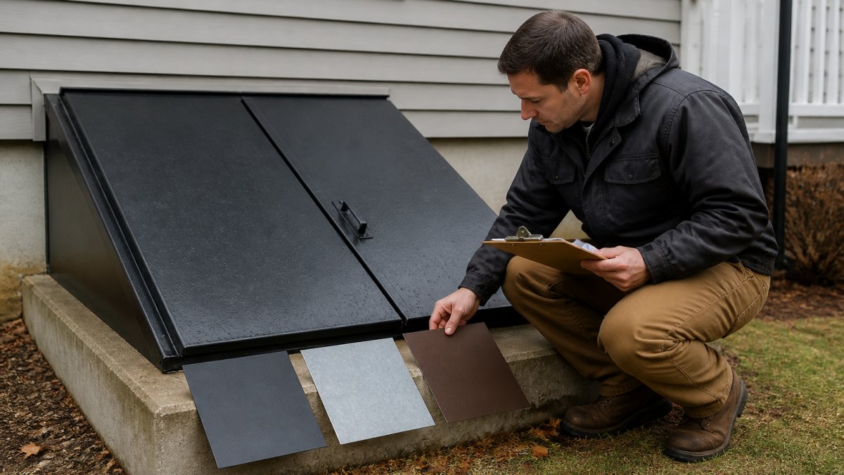 Contractor reviewing material samples beside a steel bulkhead cellar door
