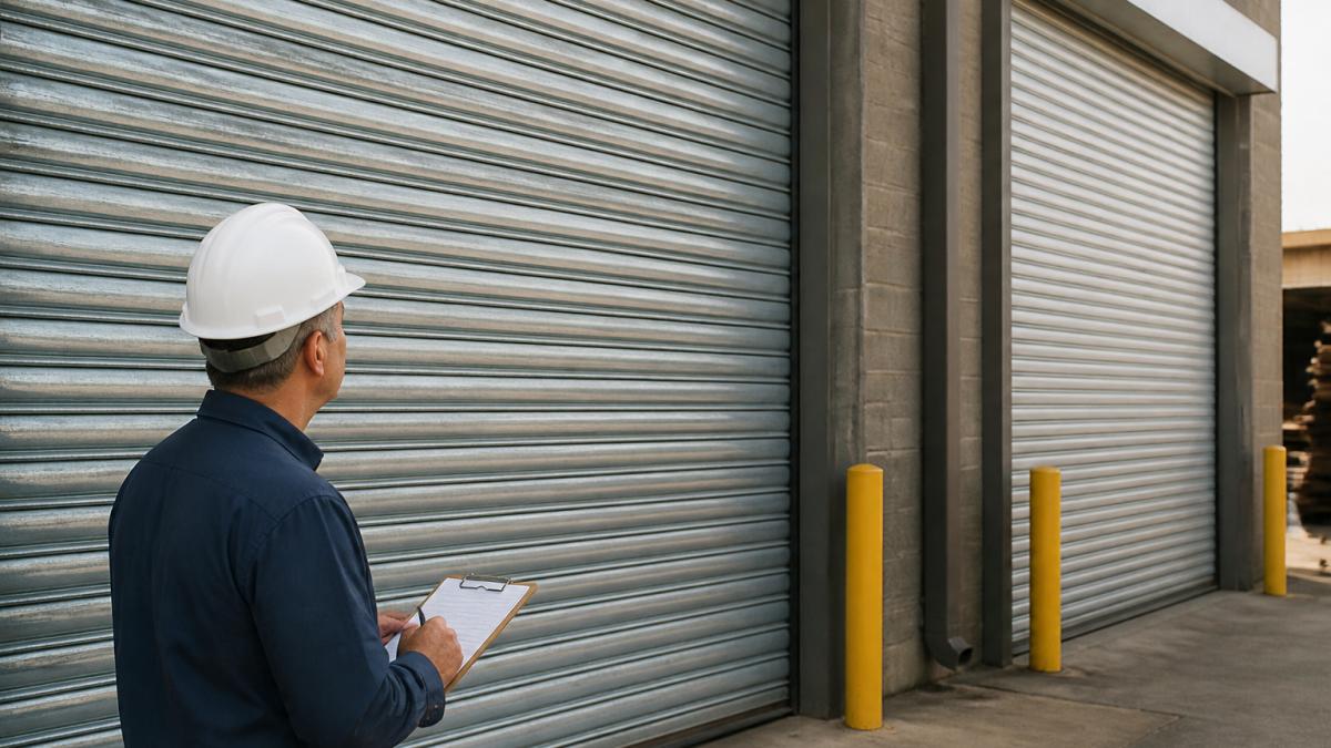 A warehouse manager in a hard hat inspecting a galvanized steel roll-up door at a loading dock, clipboard in hand, with a second door in the background showing a different surface finish
