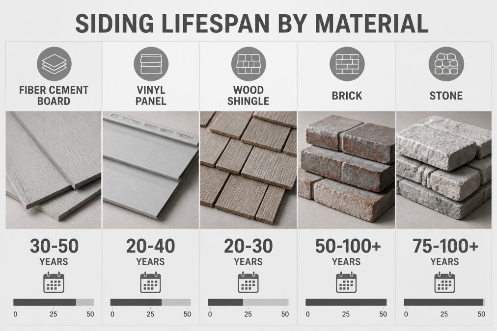 Close-up comparison of different exterior siding materials side by side: fiber cement board, vinyl panel, wood shingle, brick, and stone samples displayed on a work surface with natural lighting