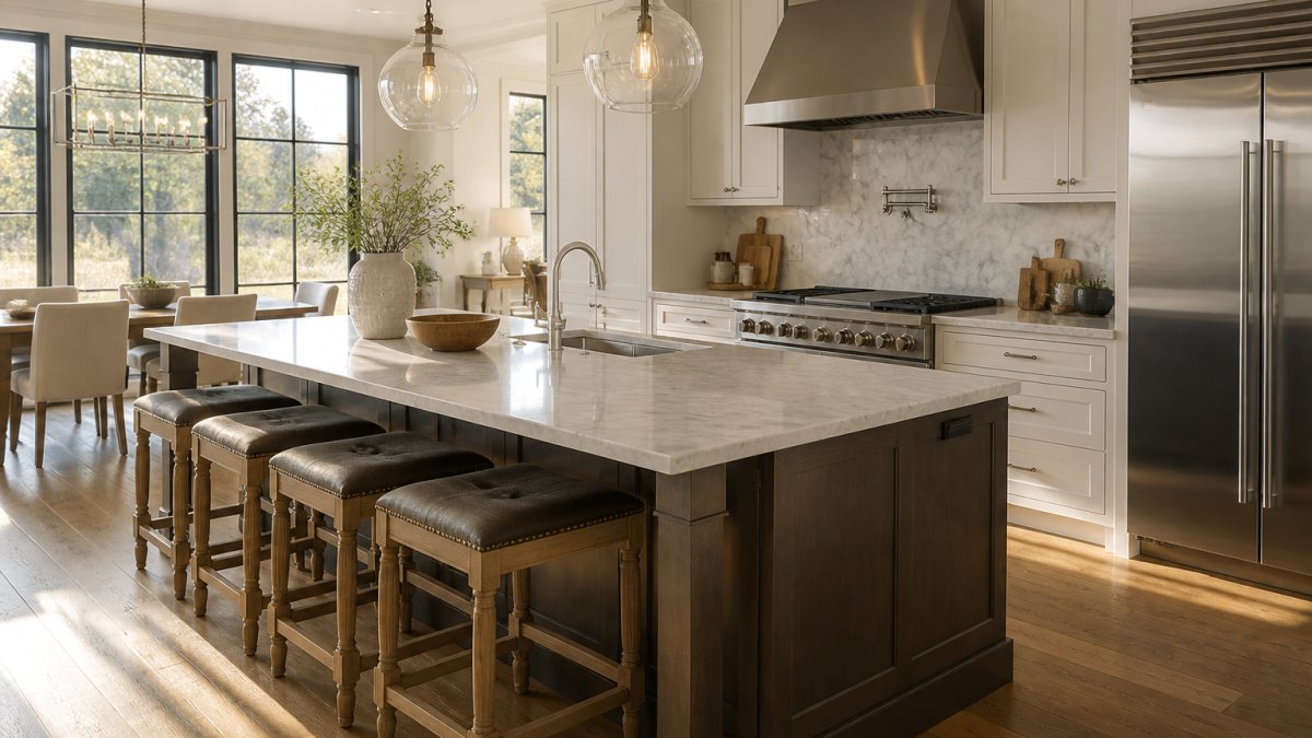 Luxury kitchen with marble countertops, stainless steel fixtures, and wide-plank hardwood flooring with natural sunlight streaming through large windows, highlighting material textures and finishes