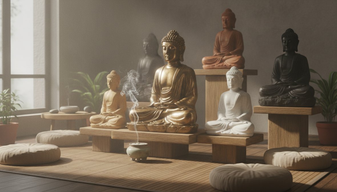A serene meditation room corner displaying multiple Buddha statues in different materials, bronze, marble, ceramic, and wood, arranged on an altar with soft natural lighting and incense