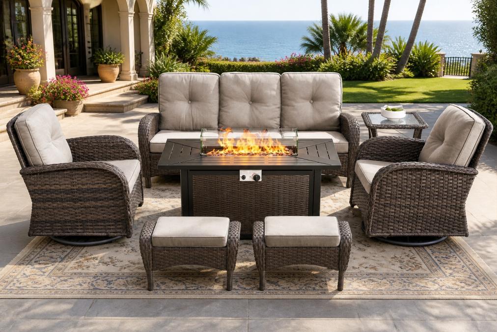 Close-up of weathered teak wood furniture on a sunny patio, showing natural grain and warm patina with ocean or garden backdrop