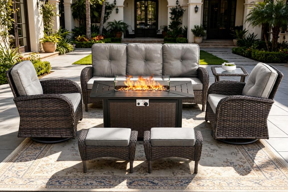 Modern wicker patio furniture set in neutral tones arranged on a spacious deck, showing durability and contemporary design in natural daylight