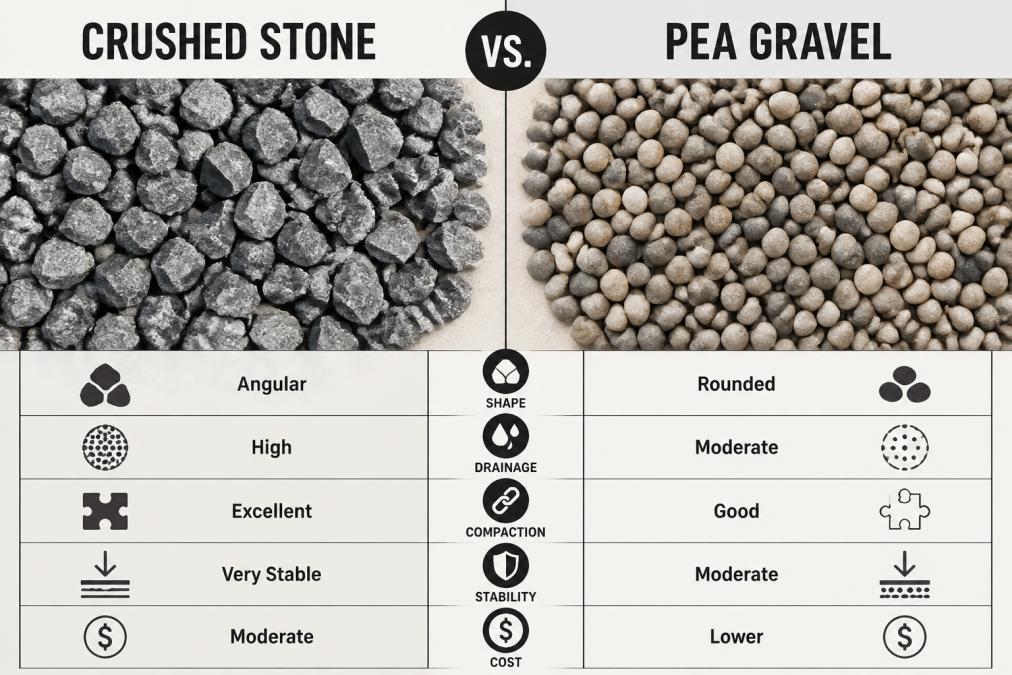 Close-up overhead view of angular crushed stone and smooth rounded pea gravel side by side on a work surface, showing distinct texture and particle shape differences under natural outdoor lighting