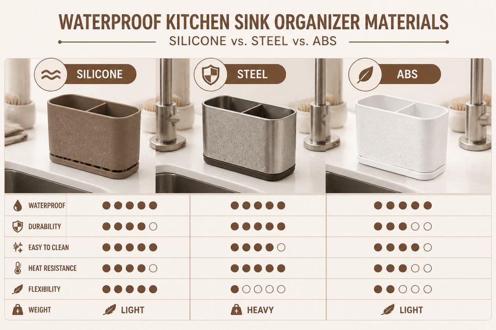 Comparison chart showing material textures of silicone, steel, and plastic kitchen organizers near a faucet.