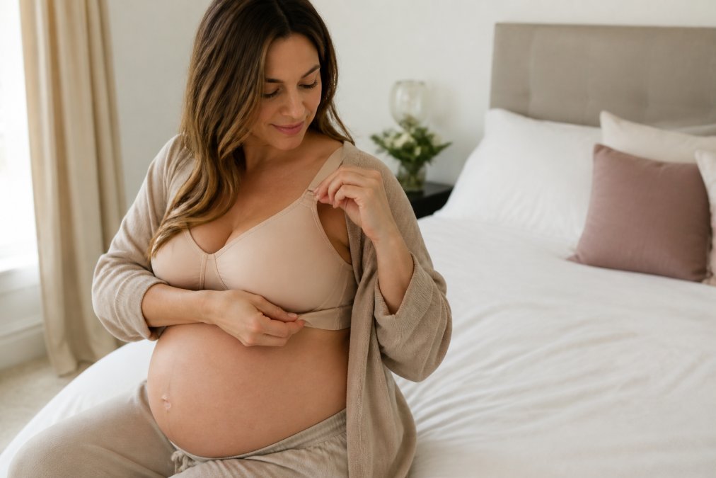 A pregnant woman in soft, elegant loungewear gently adjusting the strap of a wire-free bra in a bright, airy bedroom, showing a relaxed fit and supportive band