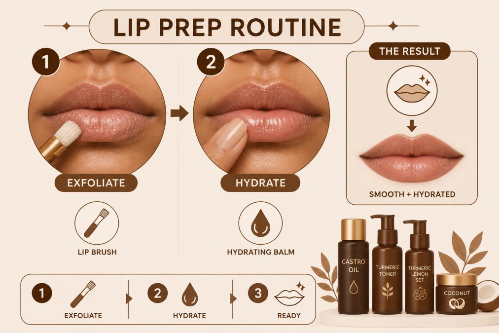 Close-up of hands gently exfoliating lips with a soft lip brush followed by application of hydrating lip balm, showing the complete prep routine on naturally lit skin