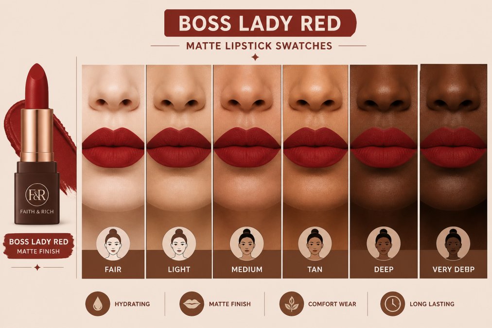 Swatches of Boss Lady Red matte lipstick displayed on lips of various skin tones, showing rich red pigmentation and matte finish with natural lighting