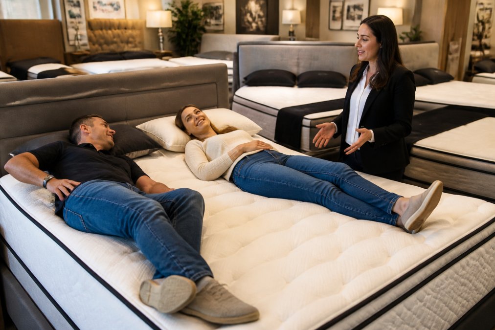 A couple testing a mattress for back support while consulting with a sales associate at a store featuring various mattress