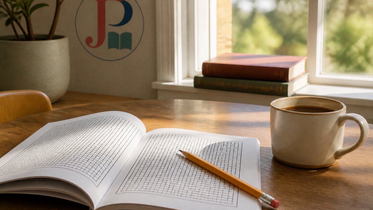 A cozy morning scene with an open maze puzzle book, a sharpened pencil, and a cup of coffee on a wooden table beside a window with soft daylight