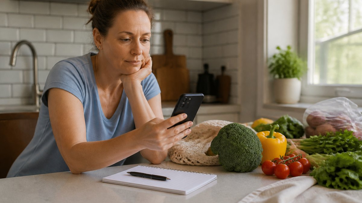 Parent using a smartphone to check meal planning apps next to fresh vegetables and a grocery list.
