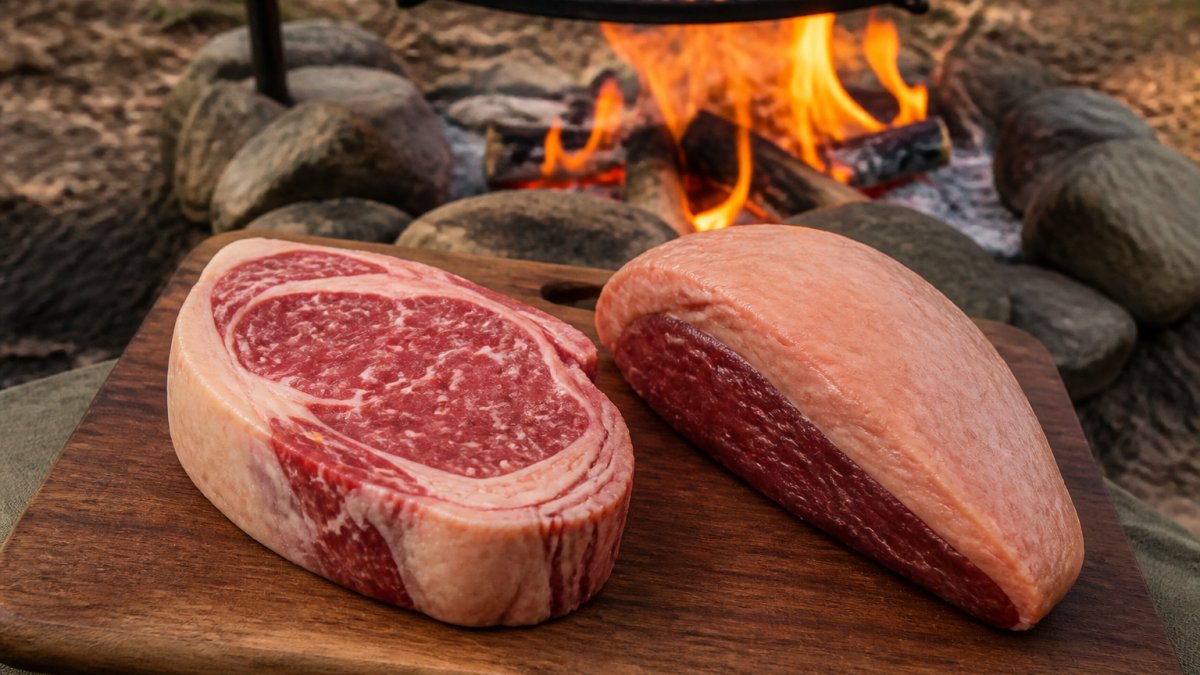 Raw ribeye and picanha steaks laid out on a wooden cutting board near a campfire, showing fat cap and marbling detail in natural outdoor light