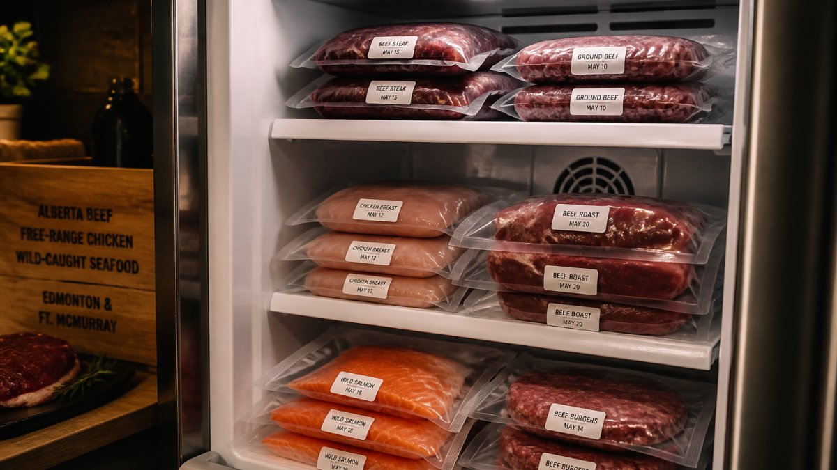 Infographic showing organized freezer storage methods for a meat subscription for families to maintain freshness.