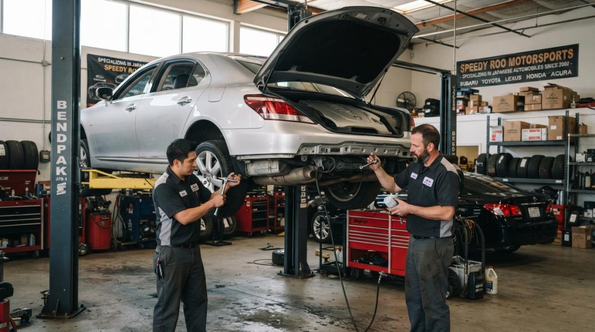 ASE-certified technician performing diagnostic scan on a Lexus vehicle in modern repair facility with state-of-the-art equipment and professional lighting