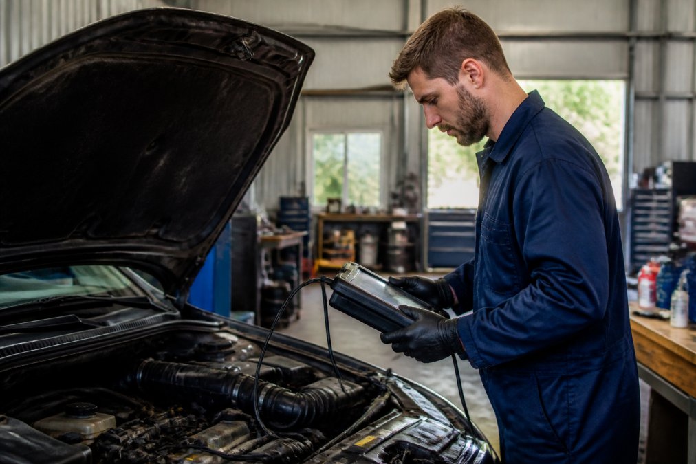 Professional mechanic using diagnostic equipment on a vehicle engine in a modern workshop with tools and equipment visible in the background, natural lighting streaming through windows