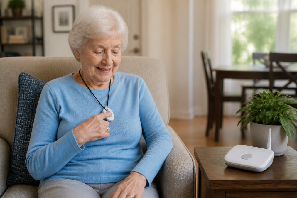 An elderly woman seated in a bright living room, wearing a small pendant on a cord, smiling as she presses the button while a base station sits on a side table beside her