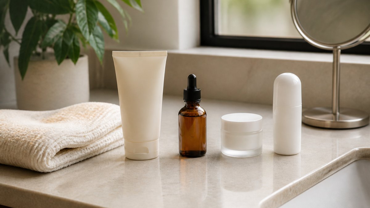 Overhead shot of a minimal bathroom counter with a creamy cleanser, a serum bottle, a moisturizer jar, and a mineral sunscreen lined up in routine order, soft natural window light