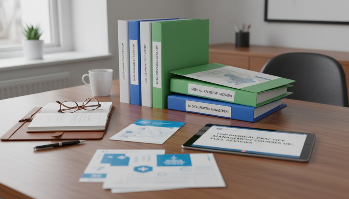 A [practice](/physician-practice-management-certification/) manager sitting at a desk reviewing course materials on a laptop in a bright NHS primary care office, with medical folders and a notepad nearby, natural daylight coming through the window
