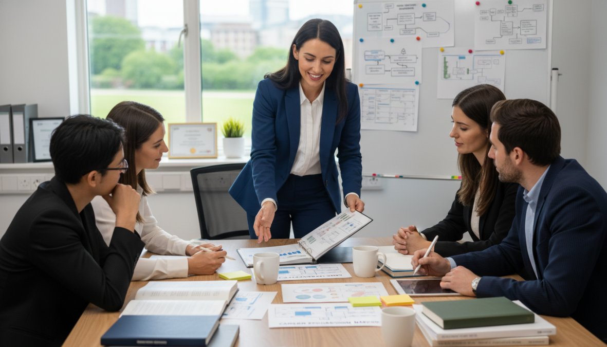 A confident healthcare professional in business attire discussing strategy with a small team around a meeting table in a modern general practice setting, with a whiteboard visible in the background