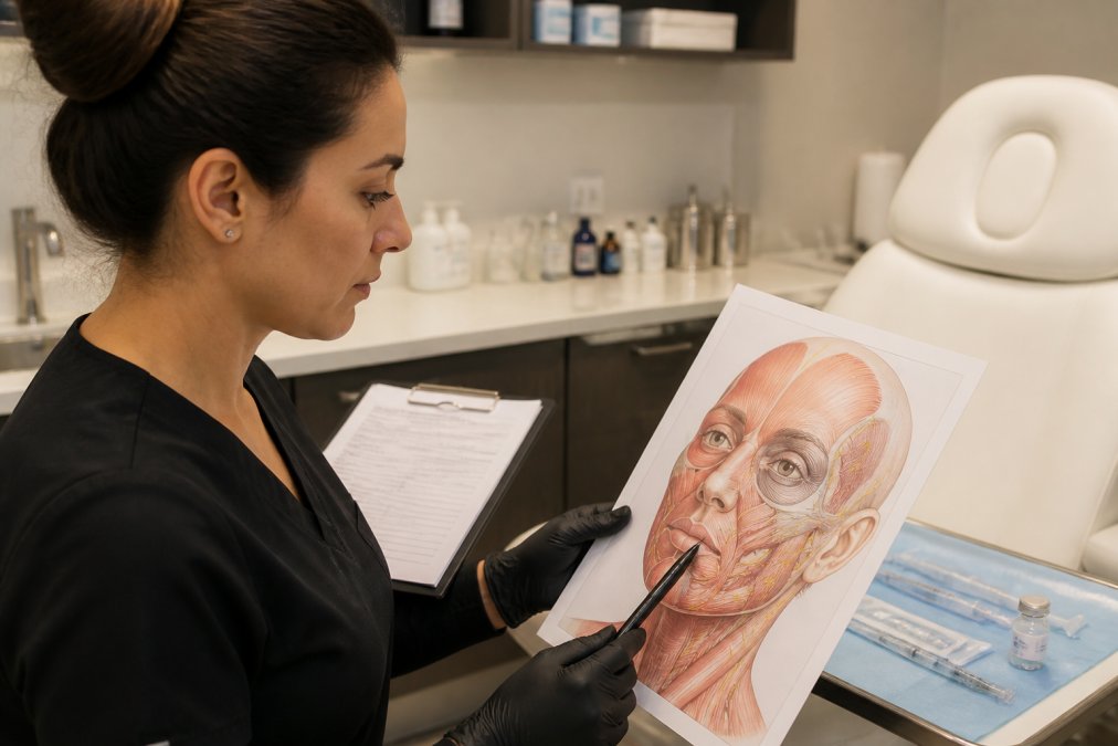Aesthetic injector in clinical setting reviewing detailed facial anatomy chart and patient consultation notes before injectable treatment, with sterilized equipment visible and professional medical environment