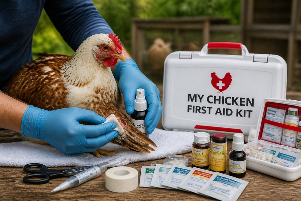Close-up of gloved hands gently cleaning a small wound on a chicken's wing using gauze pads and antiseptic spray, the bird resting calmly on a clean white towel outdoors in natural daylight