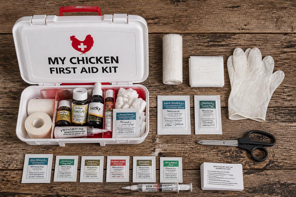 Flat lay of a fully stocked backyard chicken first aid kit open on a worn wooden table, showing sterile gauze pads, a roll of VetWrap, an antiseptic spray bottle, nitrile gloves, small medication bottles, trauma shears, and a reference card set arranged neatly in natural window light
