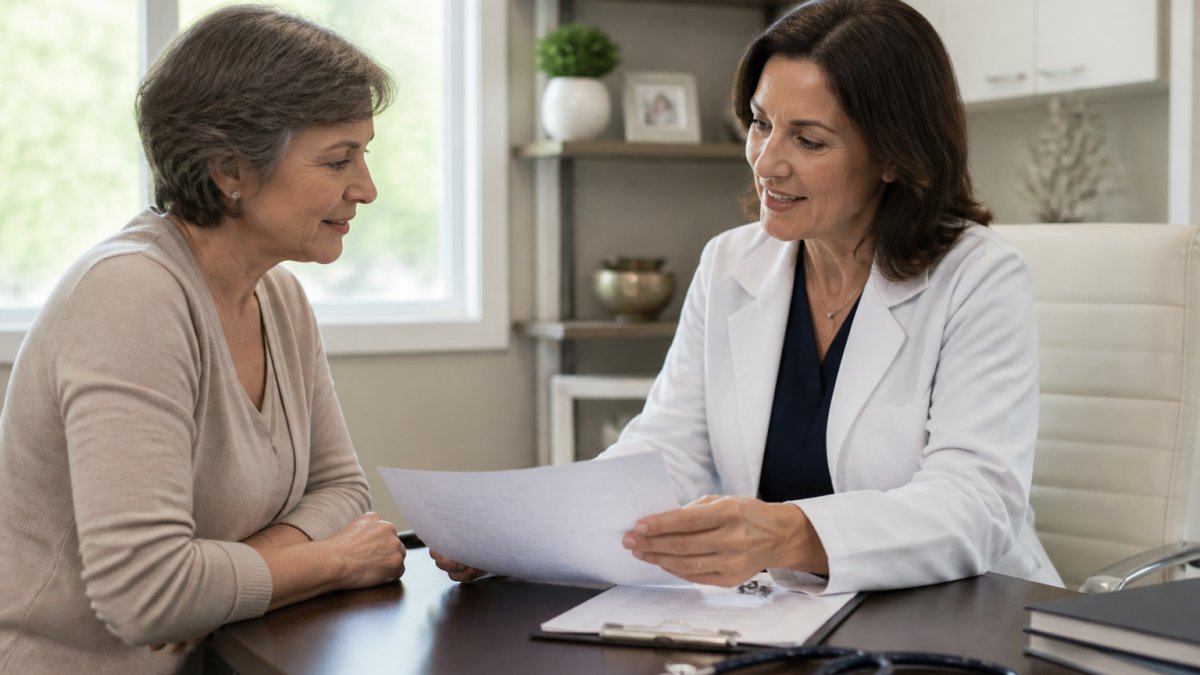 A patient in her 50s sitting across a desk from a physician in a bright clinic office, both reviewing a printed treatment plan together, warm natural light