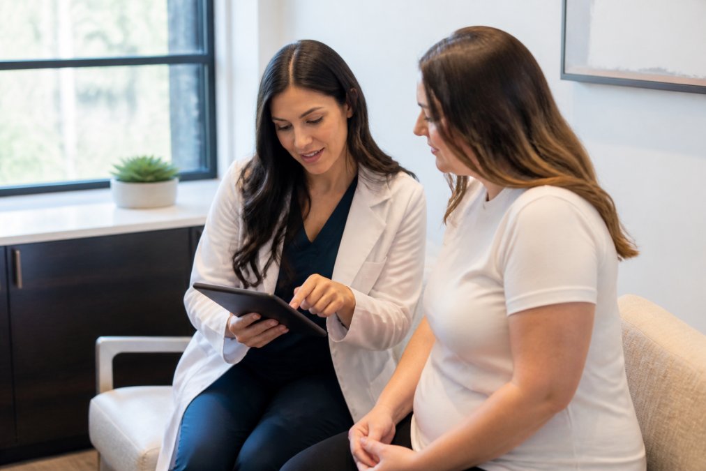A physician in a white coat reviewing a treatment plan on a tablet with a patient in a bright, modern clinic consultation room, natural window light