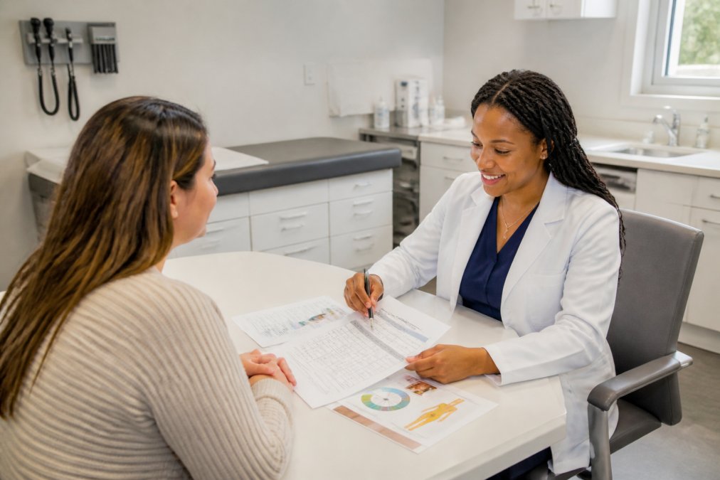 Board-certified physician consulting with patient in modern clinical setting, reviewing health assessments and personalized weight loss plan on desk with visible metabolic charts and diagnostic tools