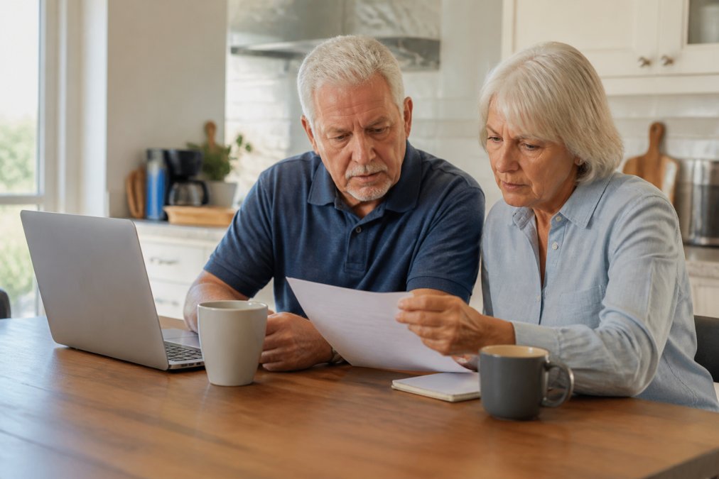 A senior couple reviewing Medicare plan documents at a kitchen table with a laptop and coffee mugs, bright natural light