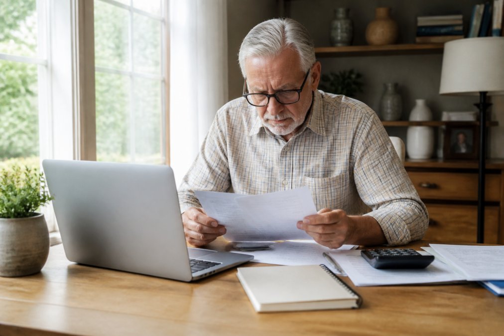 Senior adult reviewing Medicare documents and plan information at a home desk with a laptop and notepad, natural afternoon light streaming through a window