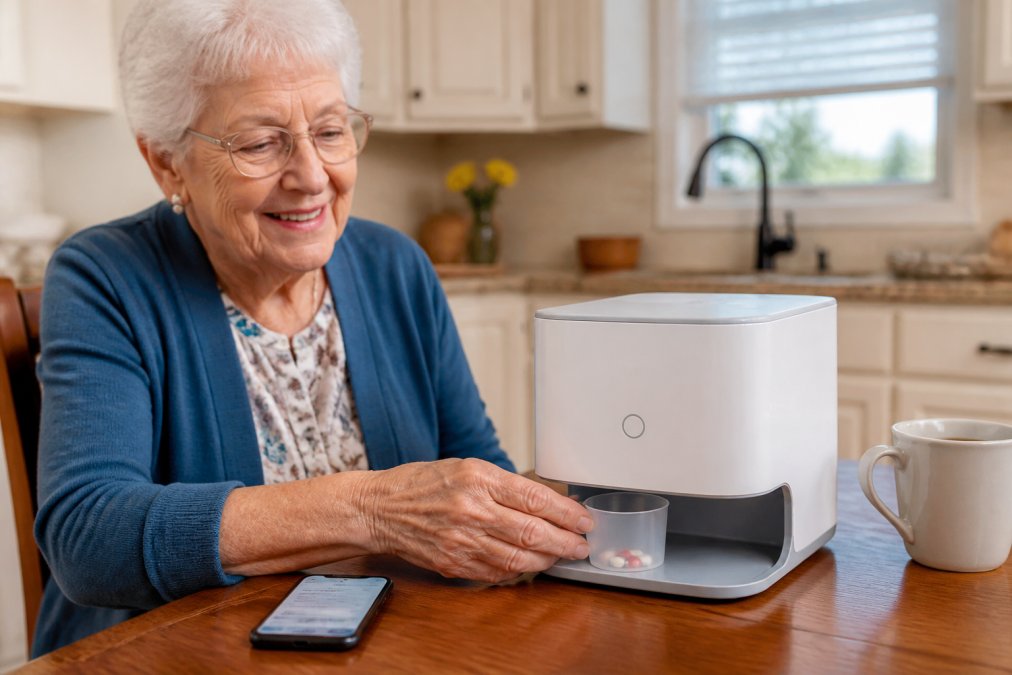 Process flow of an automatic pill dispenser using medication management tools to assist a senior with daily dosing