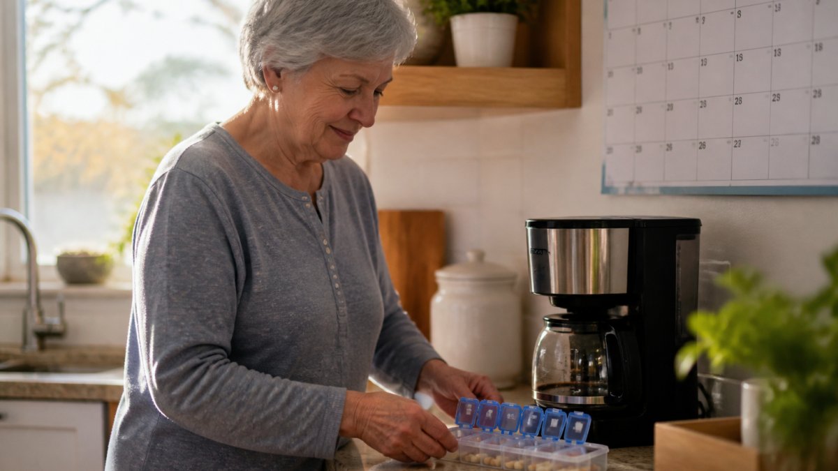 An older adult placing a weekly pill organizer next to a coffee maker on a kitchen counter in soft morning light, with a wall calendar visible in the background