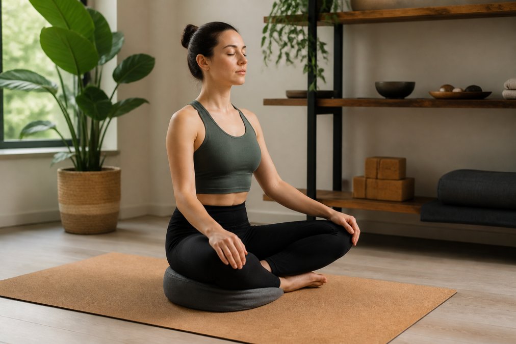 A person sitting cross-legged on a round buckwheat meditation cushion on a cork mat in a calm home corner, spine upright, hands resting on knees, soft natural light from a nearby window