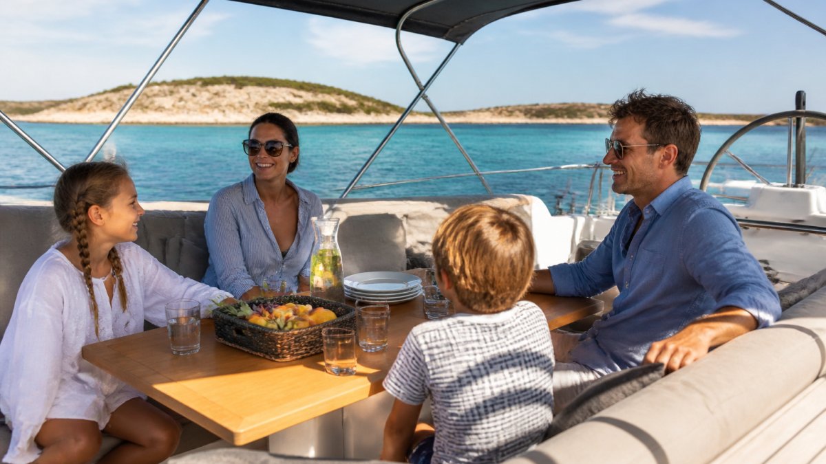 Family relaxing on a yacht deck while sailing past Greek islands, one of the best mediterranean destinations for family