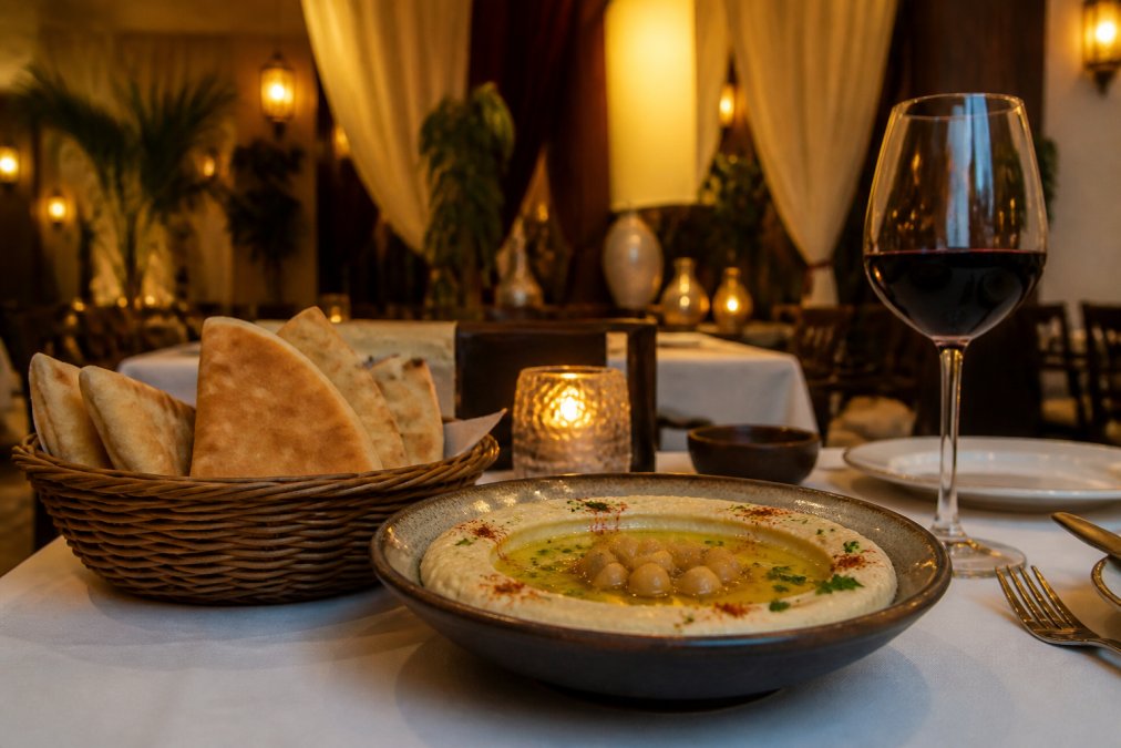 An elegantly set dining table at an upscale Mediterranean bistro in warm amber lighting, with a ceramic bowl of hummus drizzled with olive oil, a basket of warm pita bread, and a glass of red wine, soft candles and draped fabric decor visible in the background