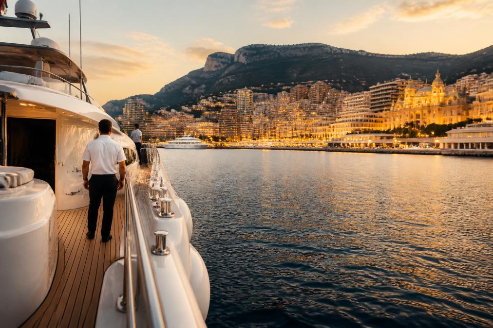 Luxury superyacht anchored off the coast of Monaco with the city's casino and harbor lights visible in the background at golden hour, elegant white vessel with crew visible on teak deck, Mediterranean Sea stretching to the horizon