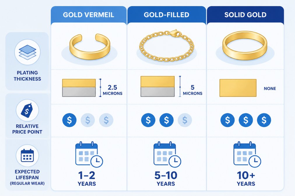 Bar chart comparing gold vermeil, gold-filled, and solid gold across plating thickness (2.5 microns vs 5 microns vs none), relative price point, and expected lifespan with regular wear