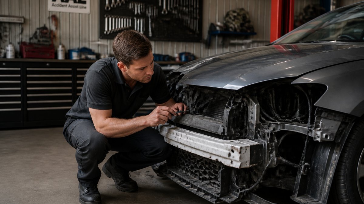 Professional mechanic in workshop examining collision damage on vehicle with tools and equipment visible in background
