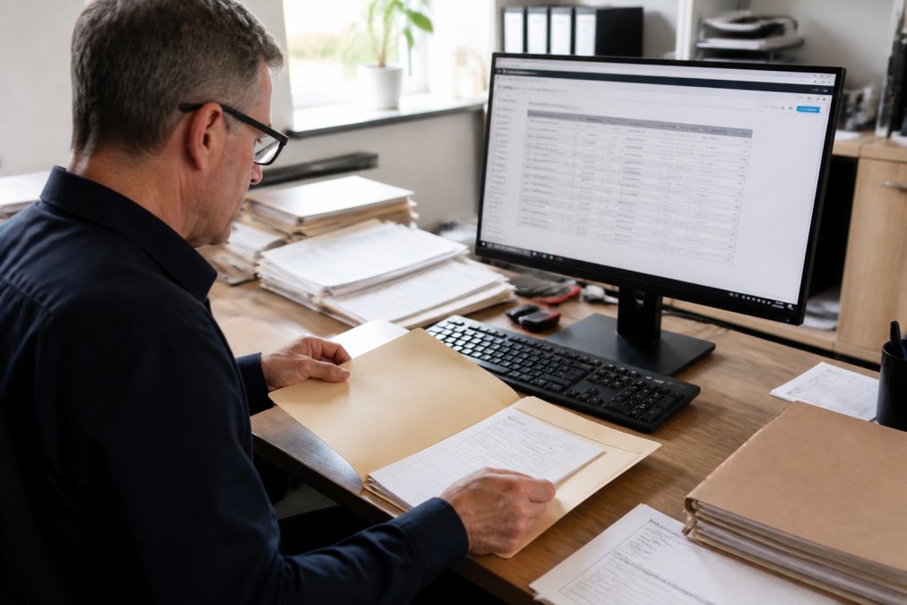 Team administrator at desk reviewing member records on computer screen with physical membership files and documents nearby, natural office lighting
