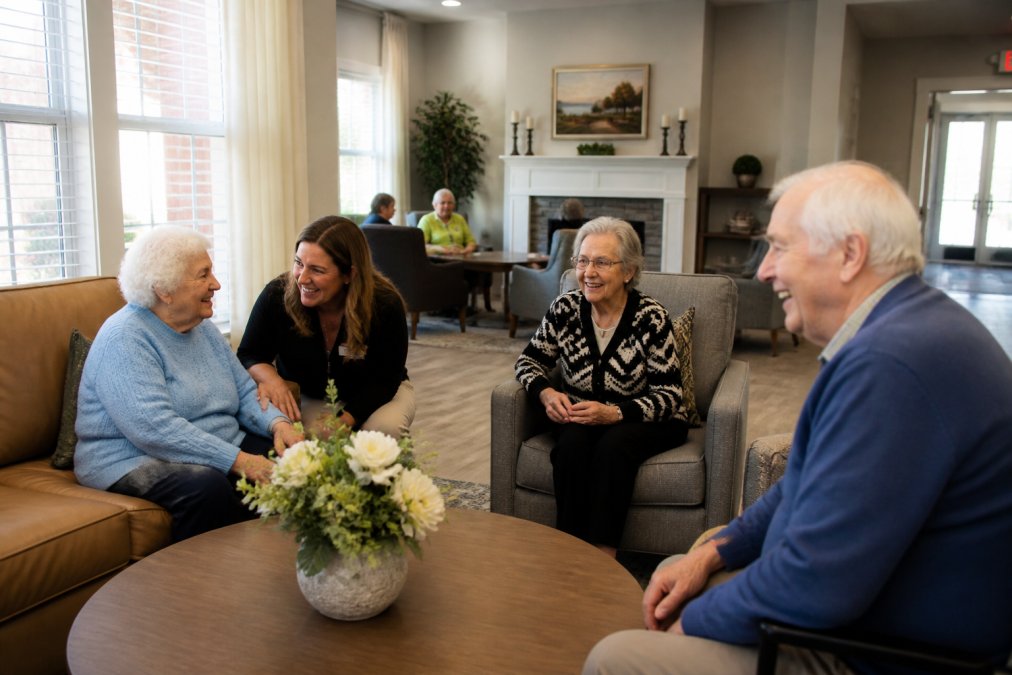 Warm and welcoming common area with seniors and staff members engaged in conversation and activities, natural lighting, comfortable seating arrangements