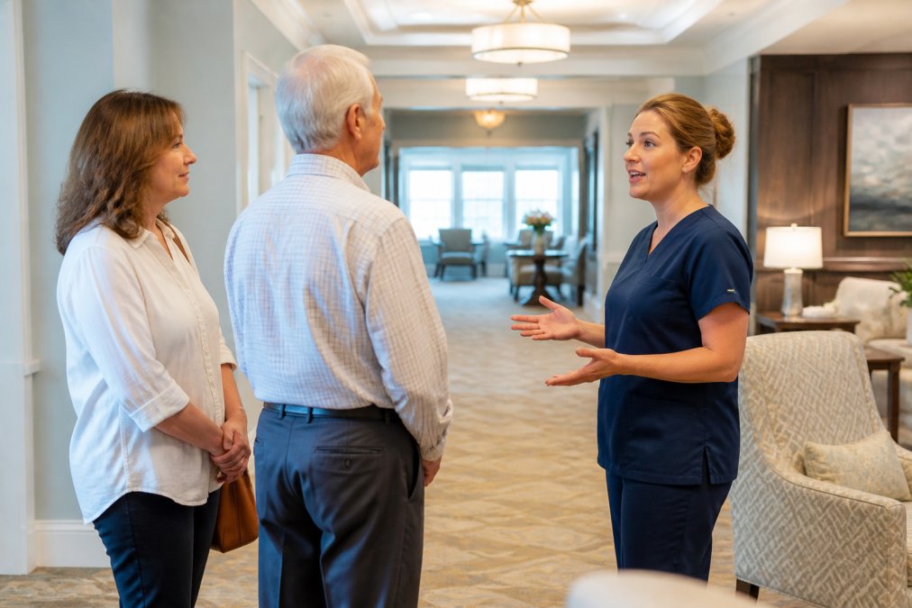 Adult child and elderly parent touring a memory care facility, speaking with a staff member in a hallway, examining the environment and common spaces