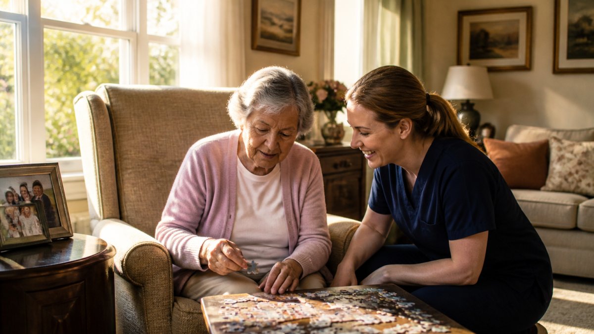 A warm, home-like living room in a small residential memory care house where an older woman with dementia sits in a comfortable armchair doing a simple puzzle with a caregiver kneeling beside her; natural light through large windows, family photos on a side table, no institutional signage or medical equipment in view