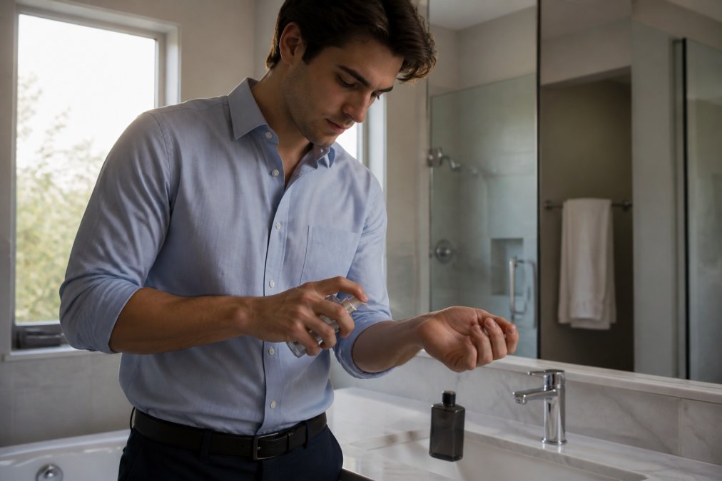 A man in professional office wear applying cologne to his wrist at a bright bathroom sink.